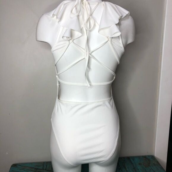 Shein White Ruffle Lace Up back swimsuit Size Small - Picture 4 of 7